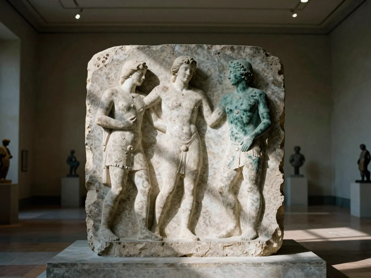 Museum editorial photography of a monumental stone sculpture in an open gallery hall, directional daylight casting crisp