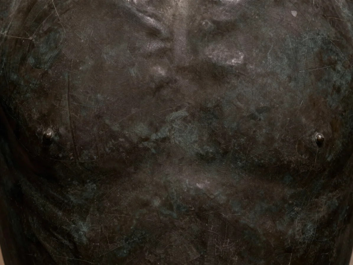 Close-up detail of a dark matte bronze sculpture surface, tactile bronze patinas, soft directional studio lighting highl