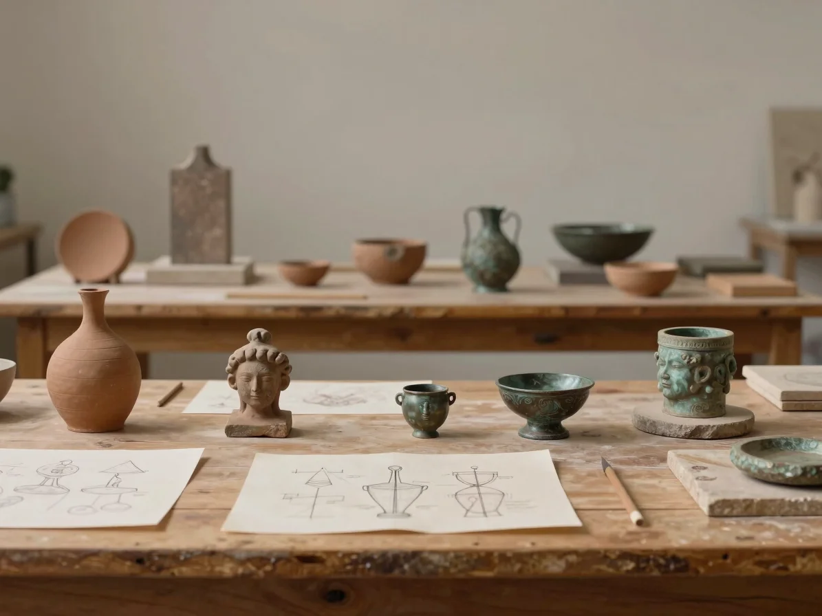 Editorial photography of terracotta workshop sketches and small sculptural mockups on a wooden archive table, warm neutr