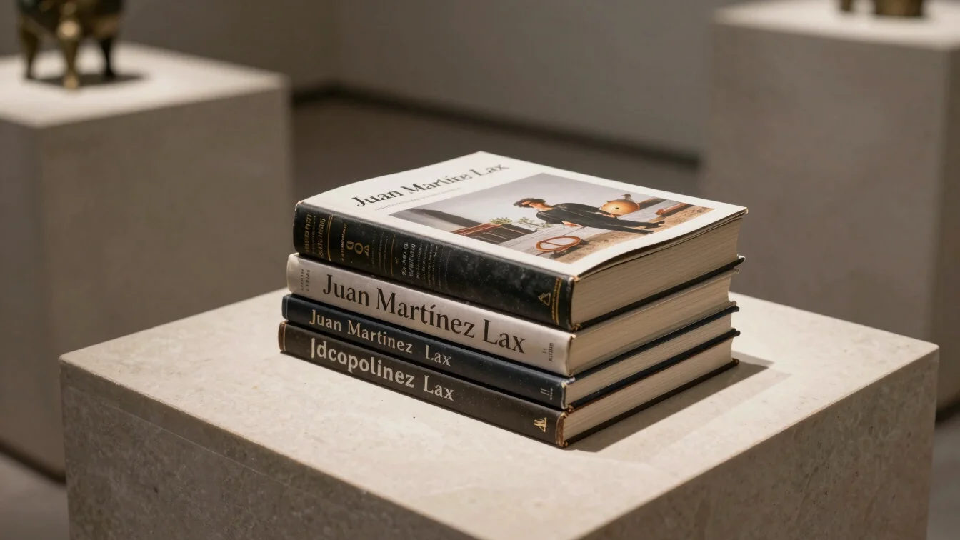 Una pila de libros de arte de tapa dura, con un catálogo monográf