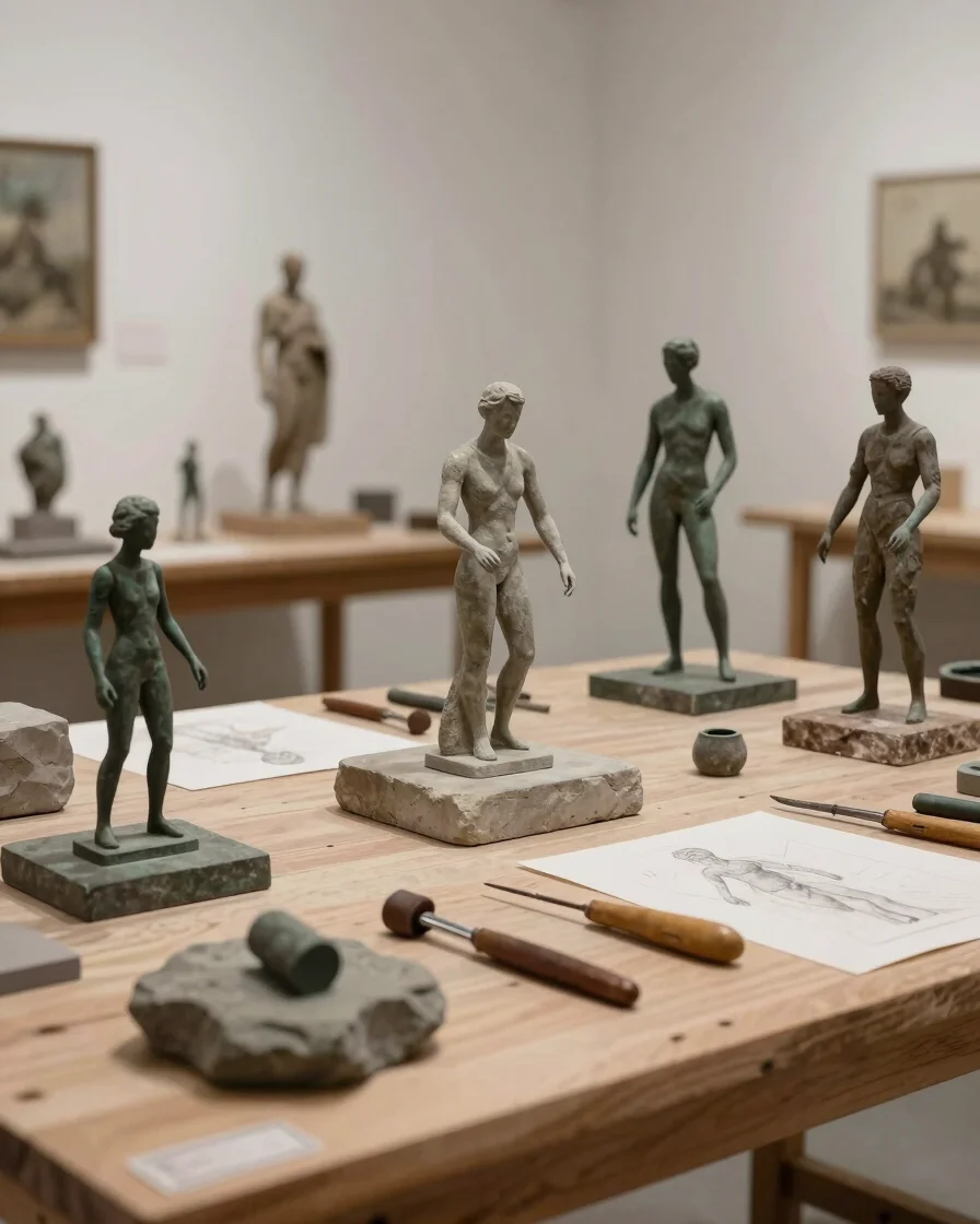 Un taller de artista con bocetos de yeso y modelos de esculturas, herramientas de modelado sobre una mesa de madera, con