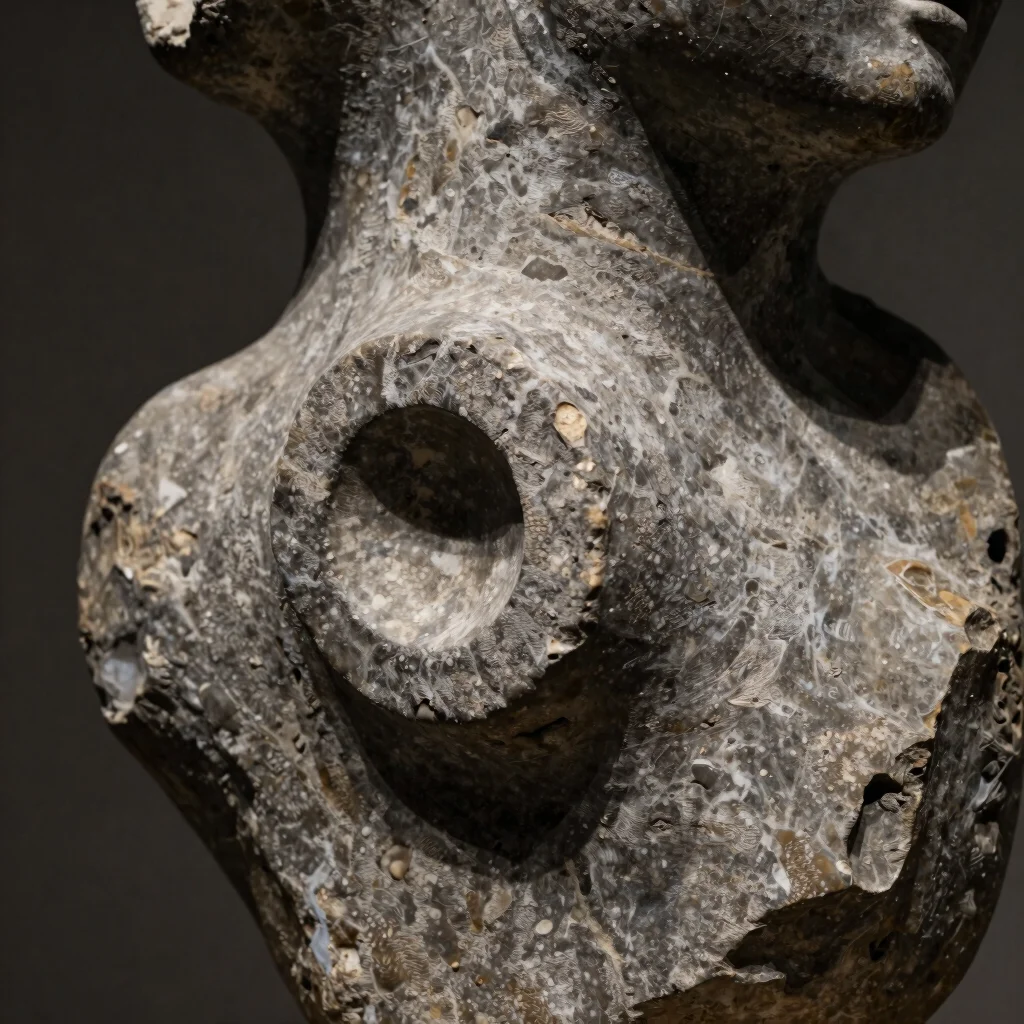 Macro detail of hand-chiseled stone texture on an abstract sculpture, dramatic soft highlights and deep shadow tones