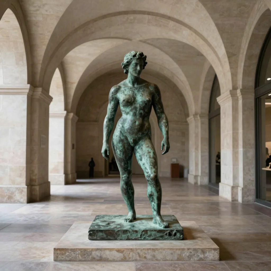 Architectural view of a large bronze sculpture placed in an arched gallery hallway, soft daylight