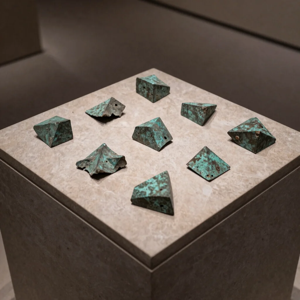 Overhead perspective of geometric bronze fragments on a polished stone pedestal in a quiet museum setting