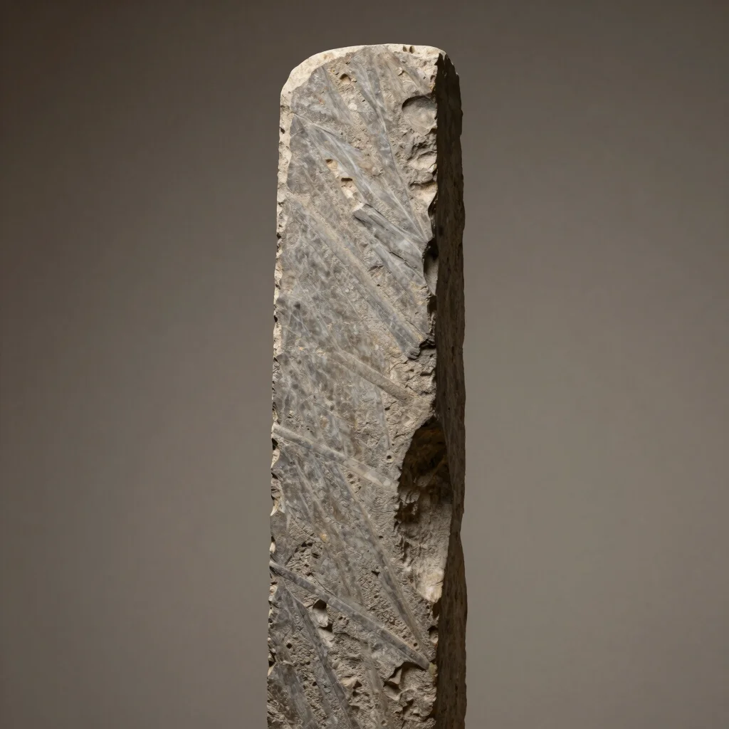 Side profile of a tall vertical stone sculpture showing subtle polished planes and raw stone ridges
