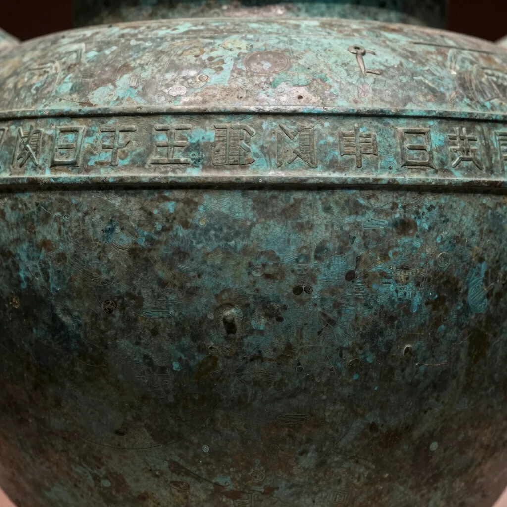 Detail of a patinated bronze surface displaying bronze oxide shades under focused museum studio light