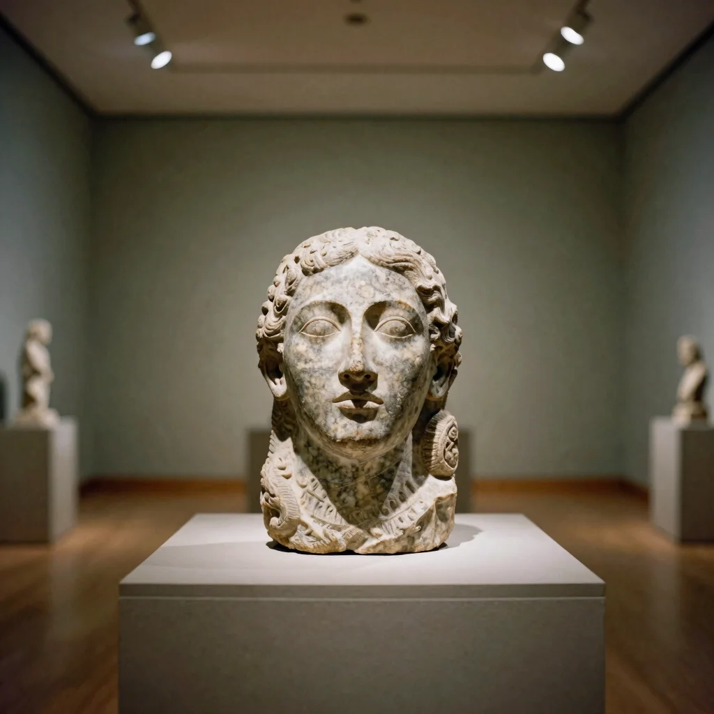 Museum gallery view with a carved granite sculpture on a low plinth under directional ceiling spotlight, 35mm editorial